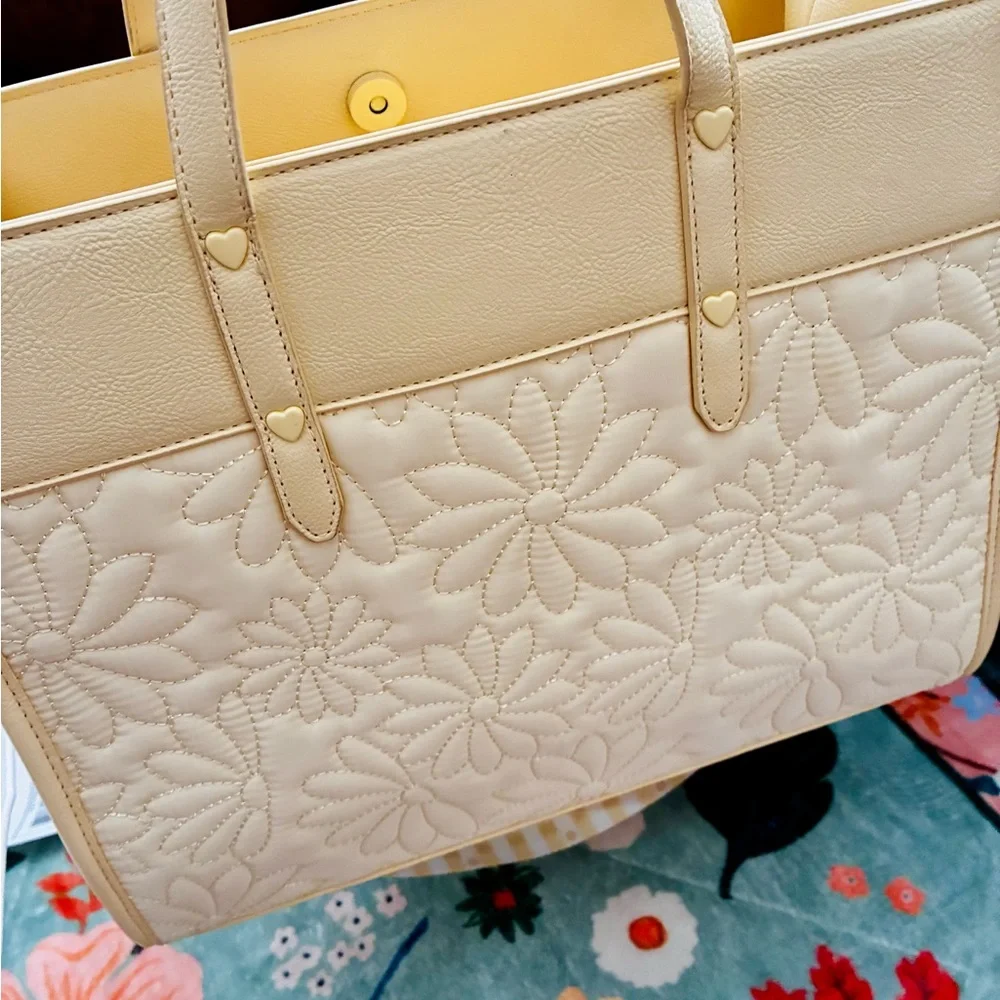Betsey Johnson Pale Yellow Quilted Floral Tote with Gingham Strap - Picture 5 of 6